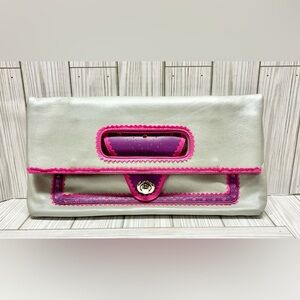 Open Handle Fold Over Faux Leather Clutch Rectangle Barbiecore Silver Pink Purp